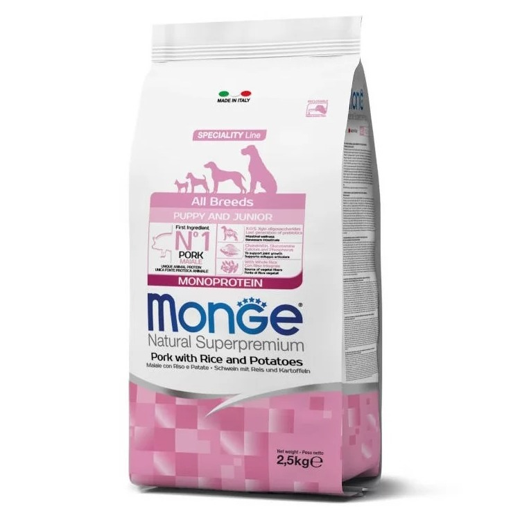 MONGE DOG PUPPY JUNIOR ALL PORK RICE sausā barība kucēniem Cūkgaļa, rīsi 2.5kg